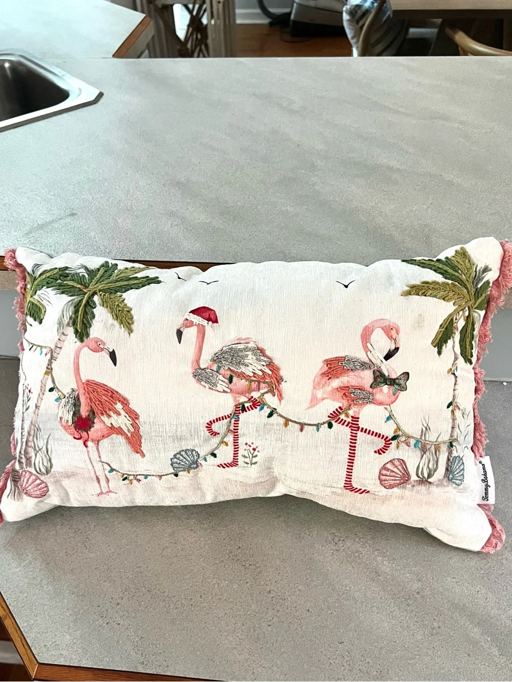 Tommy Bahama Holiday Flamingo Embroidered Throw Pillow Christmas Coastal,20 x 12